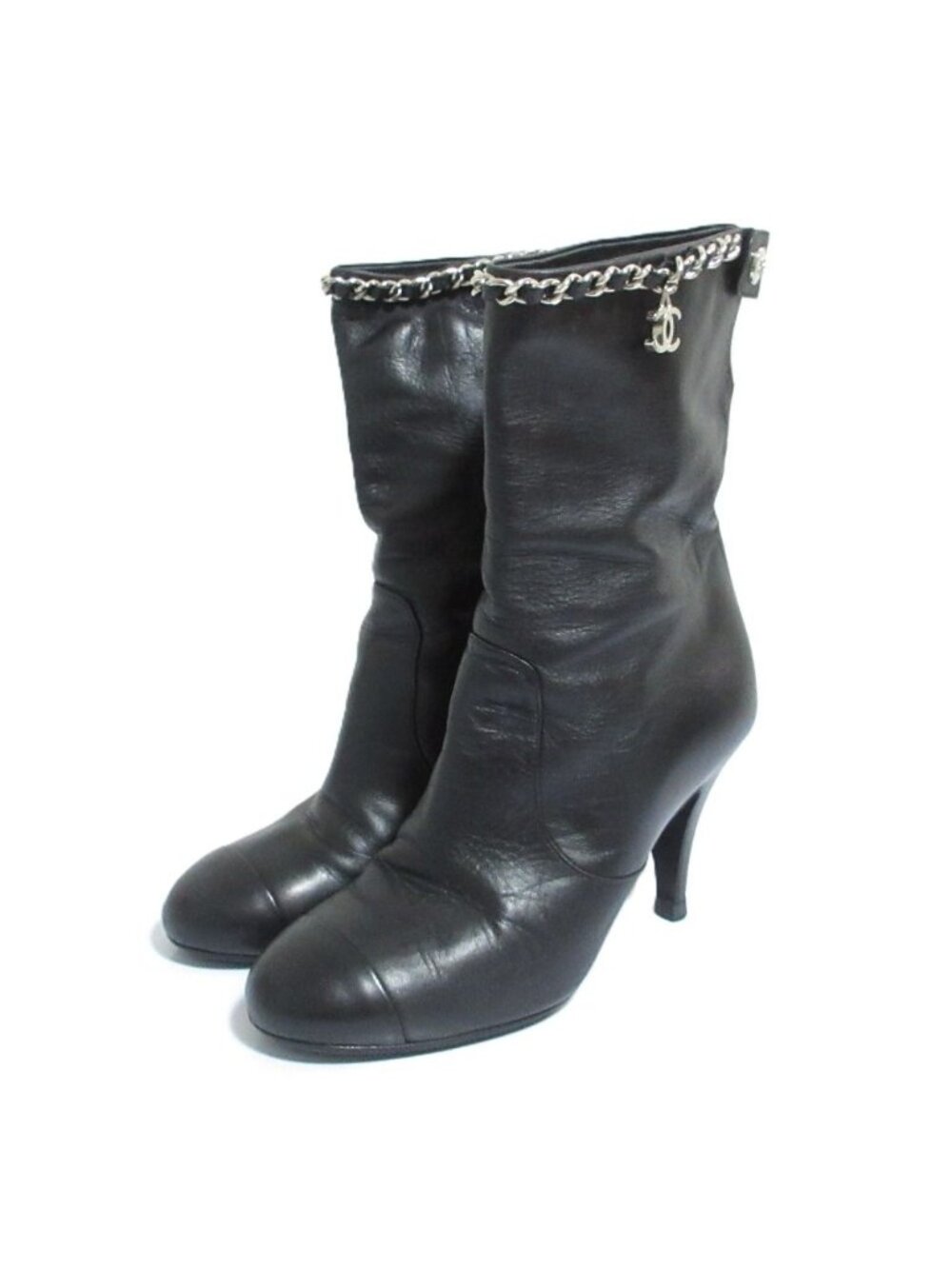Chanel CC Logo Chain Decoration Leather Short Boots Small Black